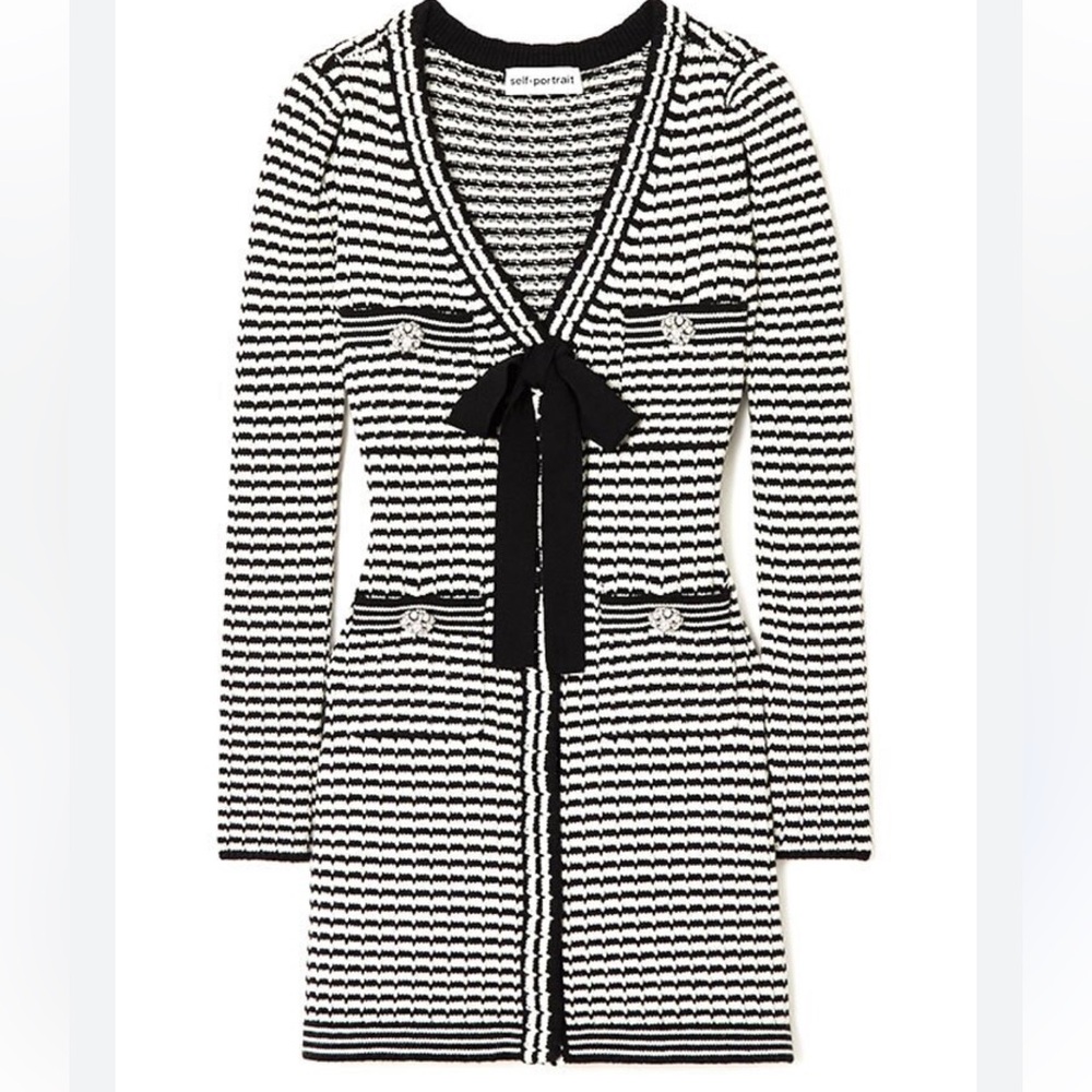 SELF PORTRAIT LONG SLEEVE STRIPED MINI DRESS WITH BOW